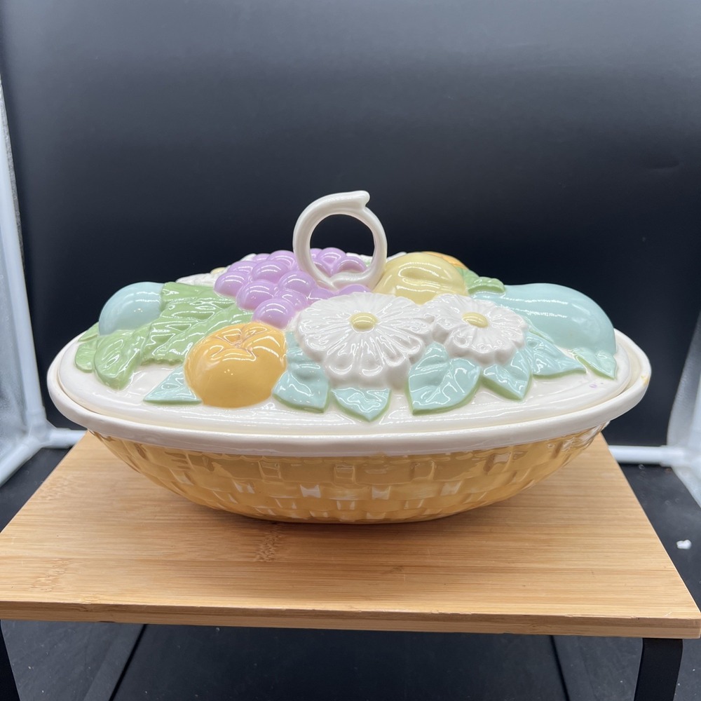 Vintage Decorative MCM Mid Mod Ceramic Fruit Basket with Lid Spring Colorful